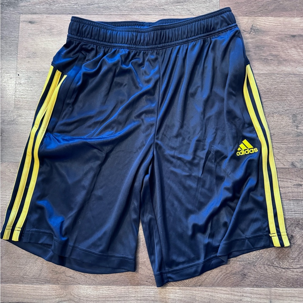 adidas Navy Athletic Shorts with Yellow Stripe Accents